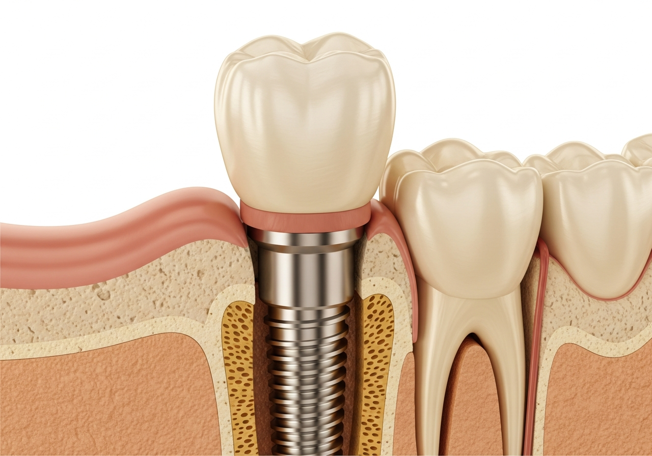 Dental implant model showing titanium post and crown at Venetian Pointe Dentistry, Orlando