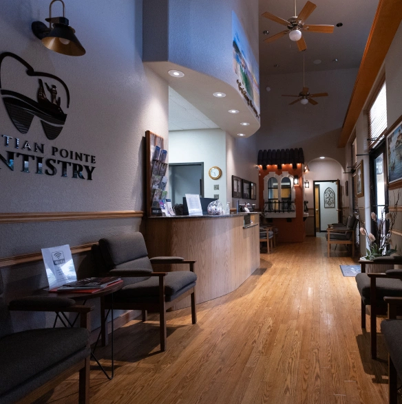 The welcoming reception and lobby of Venetian Pointe Dentistry